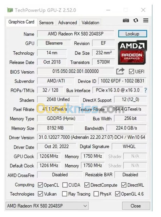 Carte vidéo RX 580, 8 Go, 256 bits, 2048SP, GDDR5