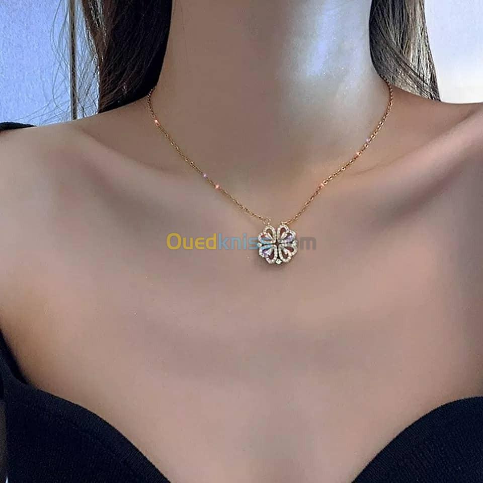 Previous Next Collier avec Pendentif Magnétique, Bijou en forme de Trèfle Porte-Bonheur, pour Femme