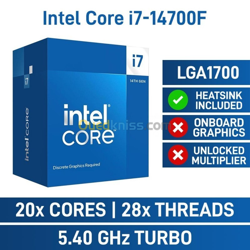 PROCESSEUR INTEL CORE I7-14700F - 33M CACHE - 20 CORE - 28 THREADS - LGA 1700 - UP TO 5.40 GHZ - 65W