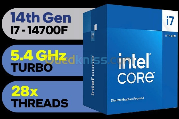 PROCESSEUR INTEL CORE I7-14700F - 33M CACHE - 20 CORE - 28 THREADS - LGA 1700 - UP TO 5.40 GHZ - 65W