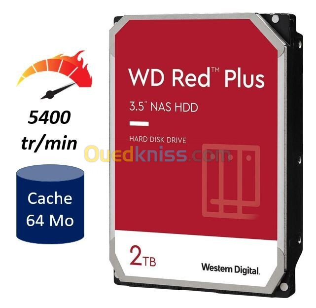 WD RED PLUS NAS WARE 2TB - DISQUE DUR HDD 3.5" - 64 MO SERIAL - SATA 6GB/S 5400 RPM - WD20EFPX - 