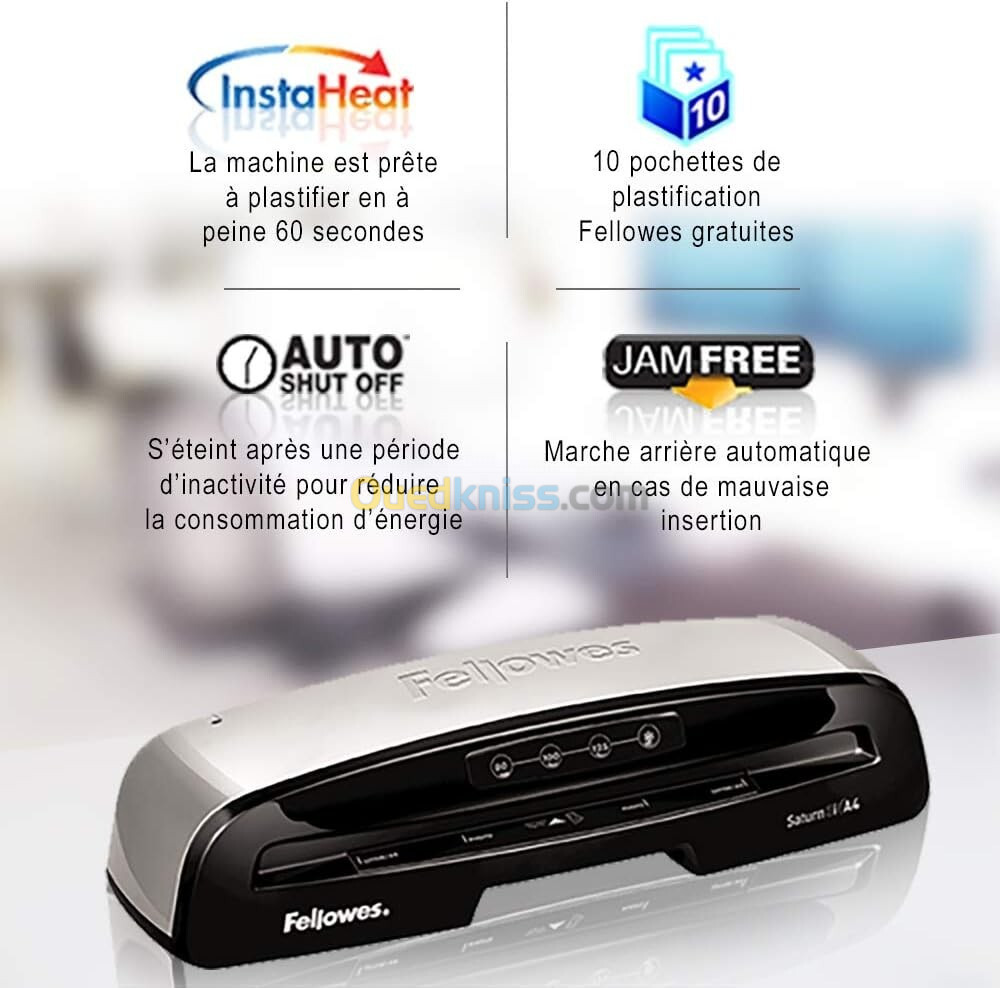 FELLOWES PLASTIFIEUSE SATURN A4 - A5 BADGES - HEATGUARD - CHAUD & FROID - 125 MICRONS - 1MM - 480W -