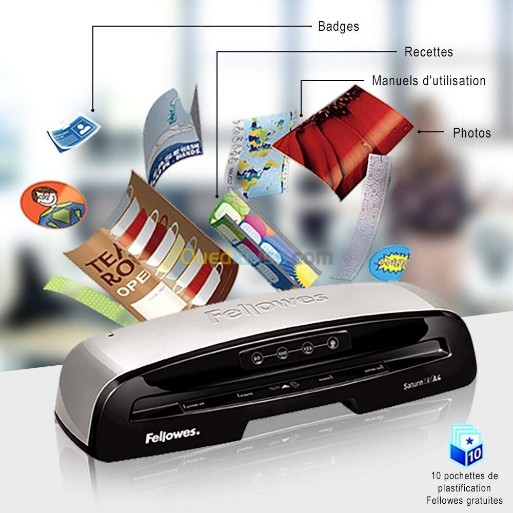 FELLOWES PLASTIFIEUSE SATURN A4 - A5 BADGES - HEATGUARD - CHAUD & FROID - 125 MICRONS - 1MM - 480W -