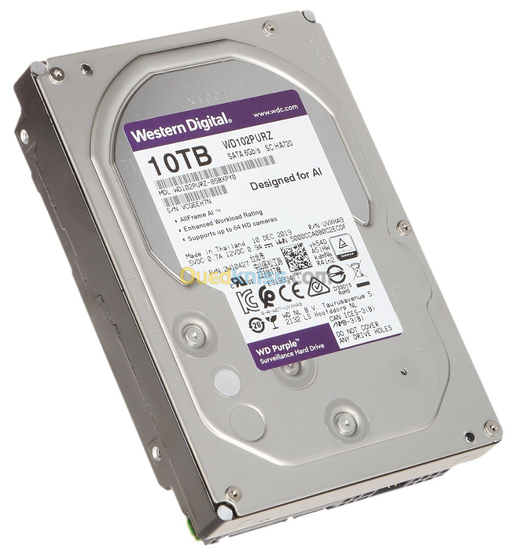 WD PURPLE 10TB HDD - DISQUE DURE SURVEILLANCE - WD102PURZ - SATA 6GB/S - 3,5" 256MB - 7200 RPM - CMR