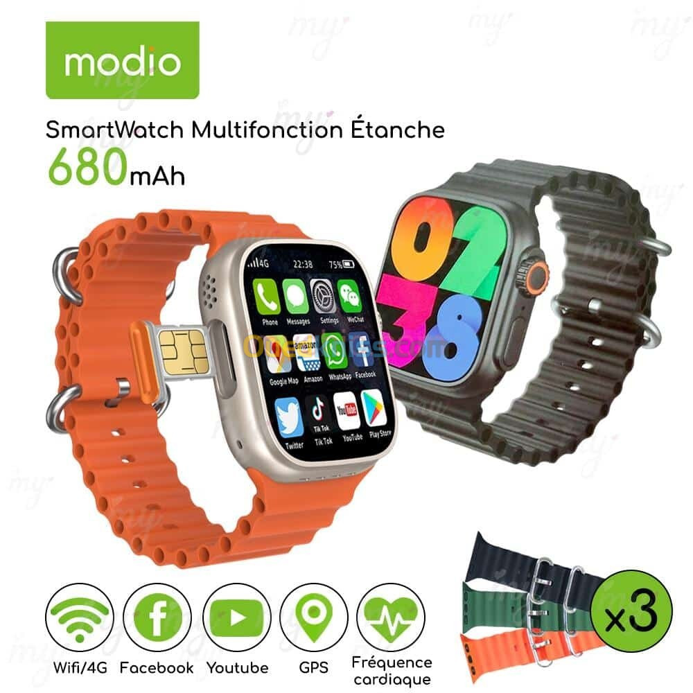 SMARTWATCH MODIO 4G ULTRA MAX + 4GB - 64GB - 2.2" FHD - WI-FI - BLUETOOTH - ÉTANCHE-  680 MAH 