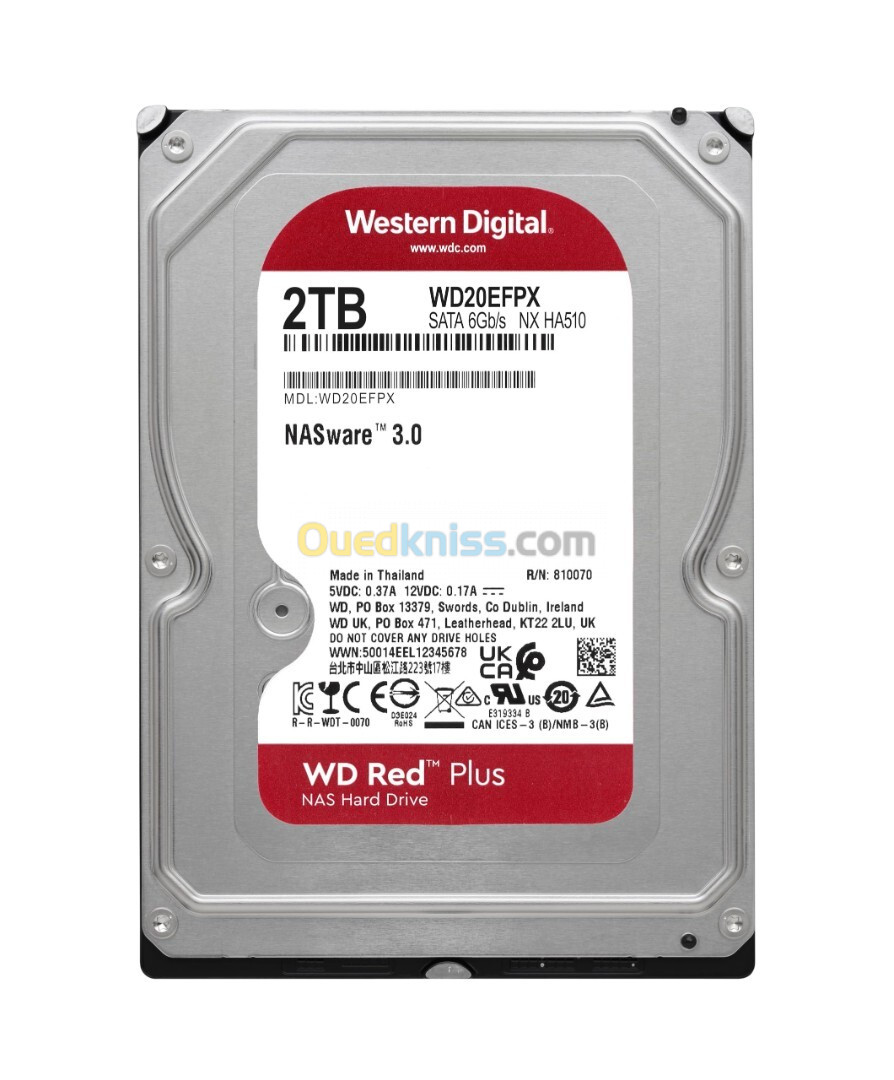 WD RED PLUS NAS WARE 2TB - DISQUE DUR HDD 3.5" - 64 MO SERIAL - SATA 6GB/S 5400 RPM - WD20EFPX - 