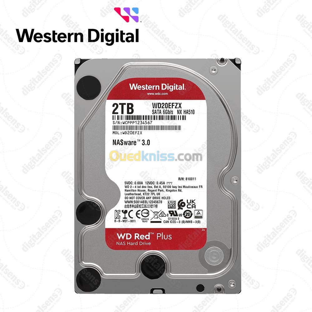 WD RED PLUS NAS WARE 2TB - DISQUE DUR HDD 3.5" - 64 MO SERIAL - SATA 6GB/S 5400 RPM - WD20EFPX - 