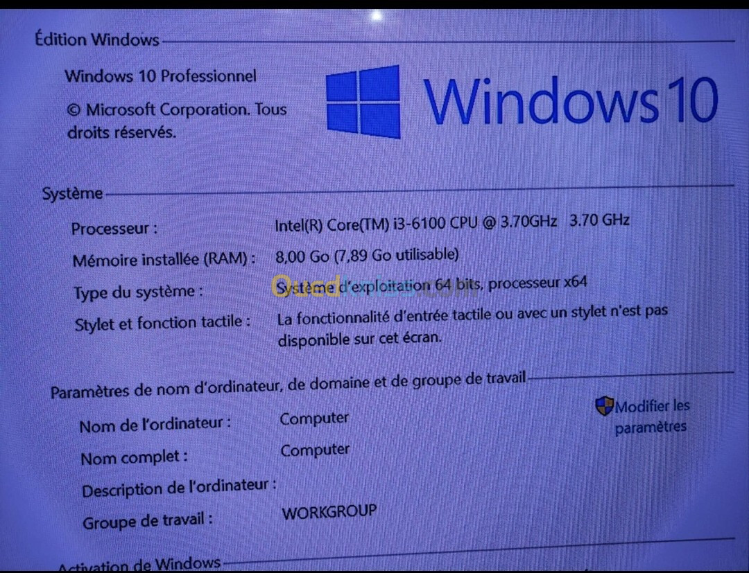 DELL Optiplex 5040 SFF Win 10 Pro CPU i3-6100 @ 3.7 Ghz RAM 8GO SSD 250Go  + HDD 500 Go