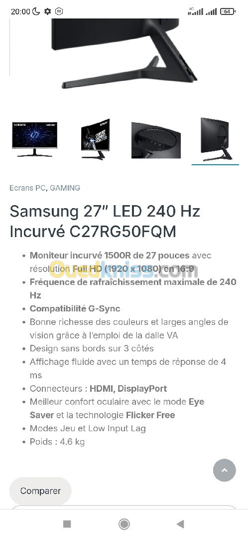 Écran Samsung odyssey crg5 240hz FHD 4ms 27p