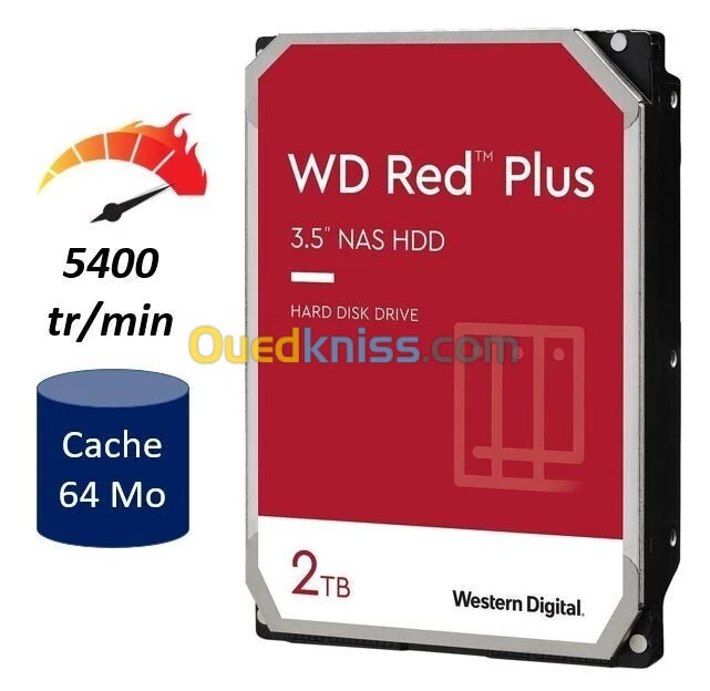 WD RED PLUS NAS WARE 2TB - DISQUE DUR HDD 3.5" - 64 MO SERIAL - SATA 6GB/S 5400 RPM - WD20EFPX -