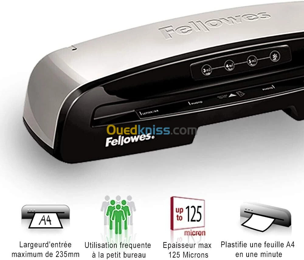 FELLOWES PLASTIFIEUSE SATURN A4 - A5 BADGES - HEATGUARD - CHAUD & FROID - 125 MICRONS - 1MM - 480W -