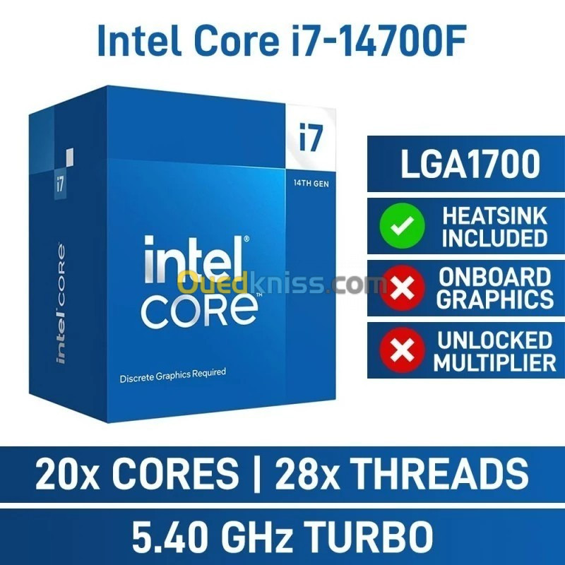 PROCESSEUR INTEL CORE I7-14700F - 33M CACHE - 20 CORE - 28 THREADS - LGA 1700 - UP TO 5.40 GHZ - 65W