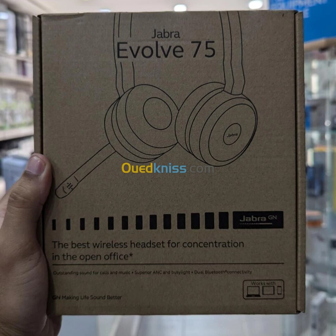  JABRA EVOLVE 75 SE - MICRO-CASQUE SANS FIL - STÉRÉO PRO - 3 MICROS - BLUETOOTH - 8 APPAREILS