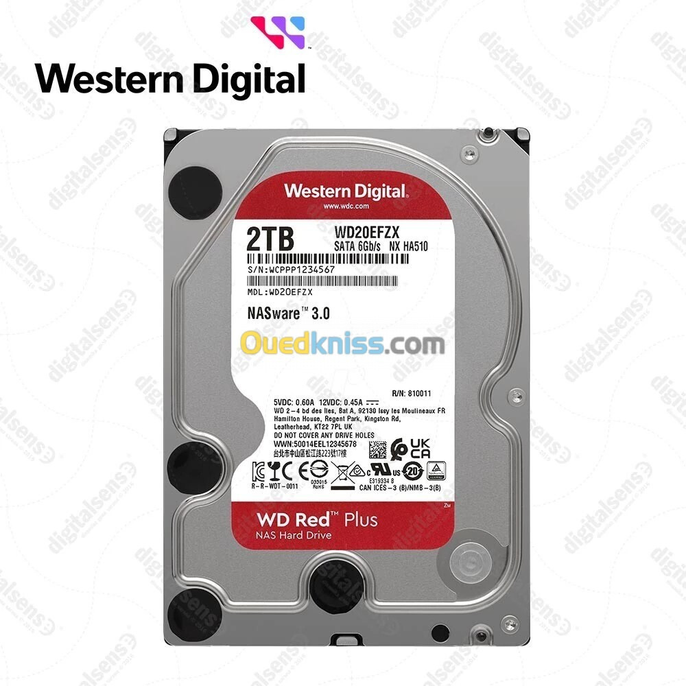 WD RED PLUS NAS WARE 2TB - DISQUE DUR HDD 3.5" - 64 MO SERIAL - SATA 6GB/S 5400 RPM - WD20EFPX -