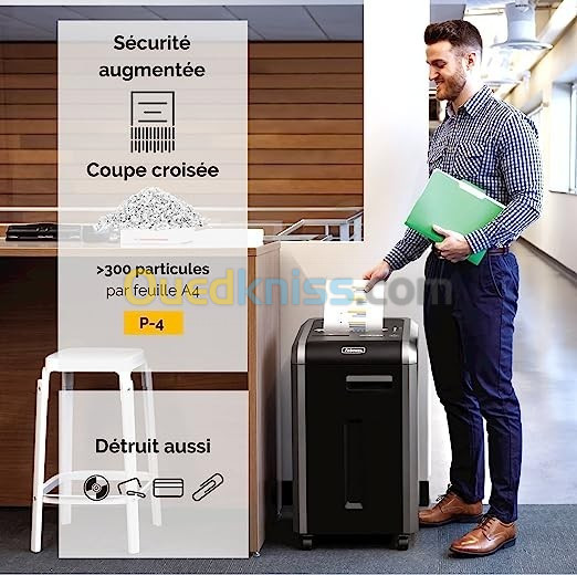 FELLOWES DESTRUCTEUR DE DOCUMENTS 225CI COUPE DROITE P2 - 60 LITRE - CARTES DE CRÉDIT - TROMBONES