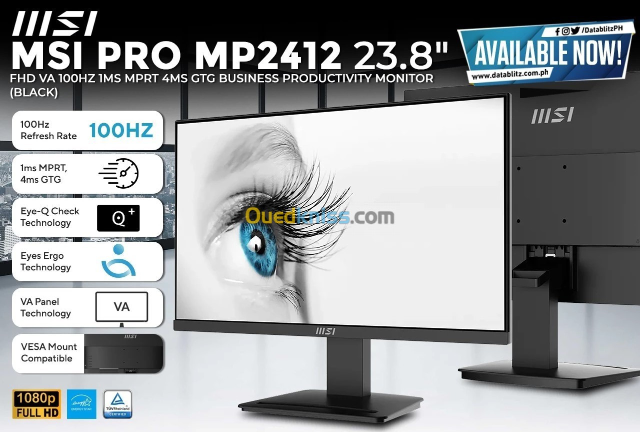 ÉCRAN MSI PRO MP2412 - BUSINESS & PRODUCTIVITÉ MONITOR - 24 INCH FULL HD - 100HZ - 1 Ms MPRT - NOIR