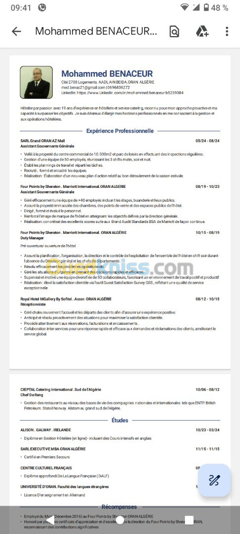 Superviseur Catering/ Chef de réception/ Directeur des opérations et exploitations 