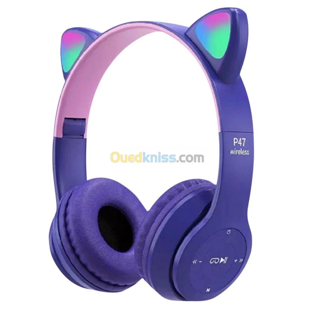 Casque Bluetooth sans fil avec oreilles de chat LED clignotantes P47M