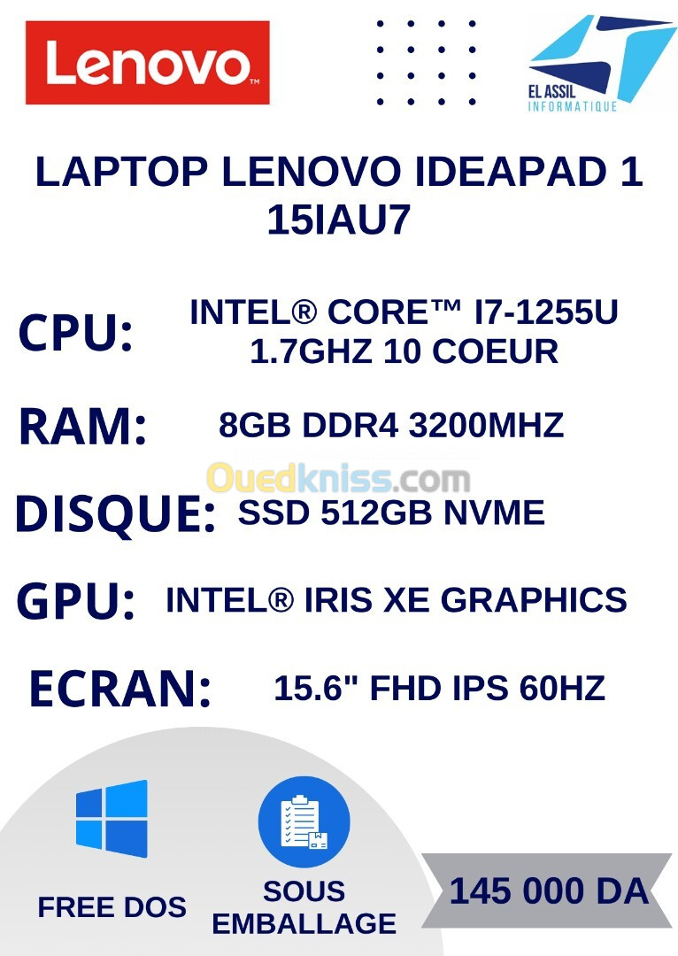 LENOVO IDEAPAD 1 15IAU7 I7-1255U/8G/512SSD/15.6" FHD/FREE DOS