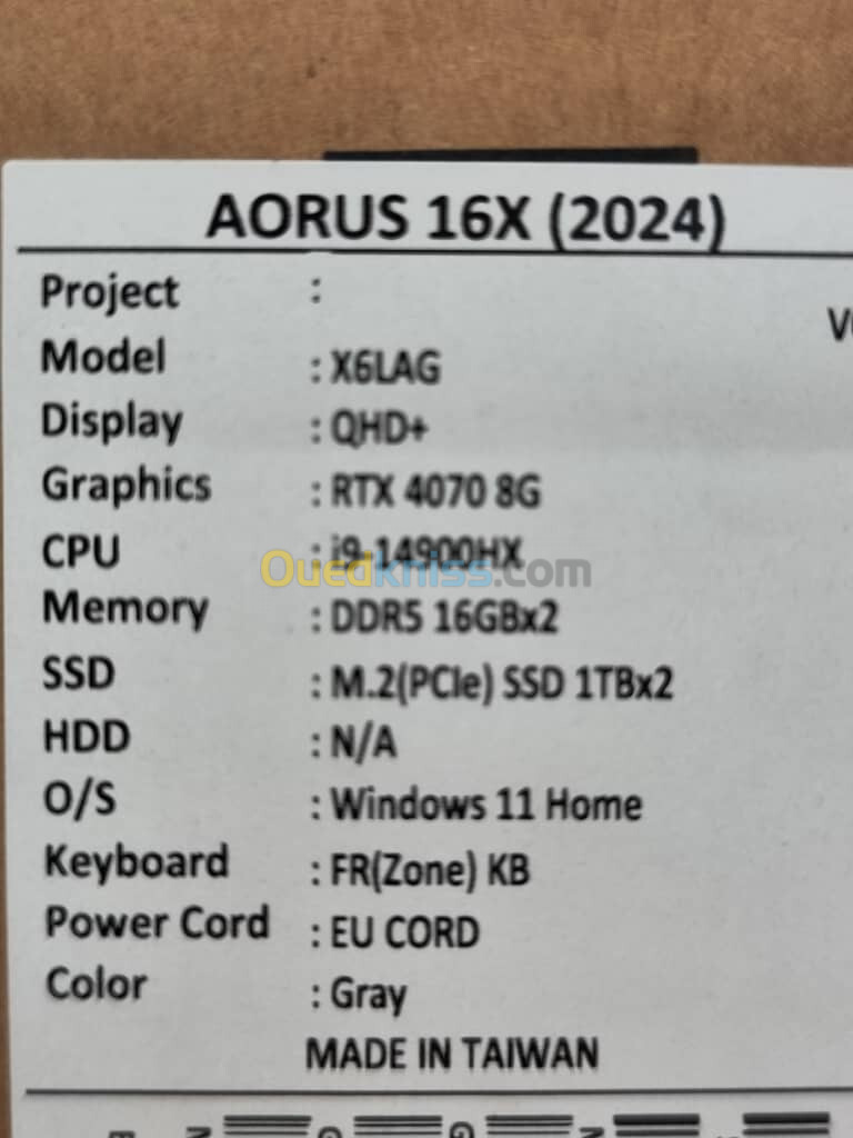 AORUS 16X ASG 2024 i9-14900HX 32Go DDR5 2TB NVMe RTX 4070 8GB 16" QHD+ IPS 165Hz WIN 11