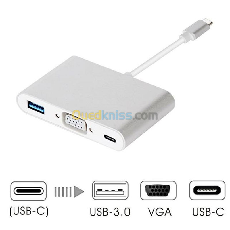 Adaptateur USB Type-C Vers USB/ VGA/ Type-C (3 En 1)