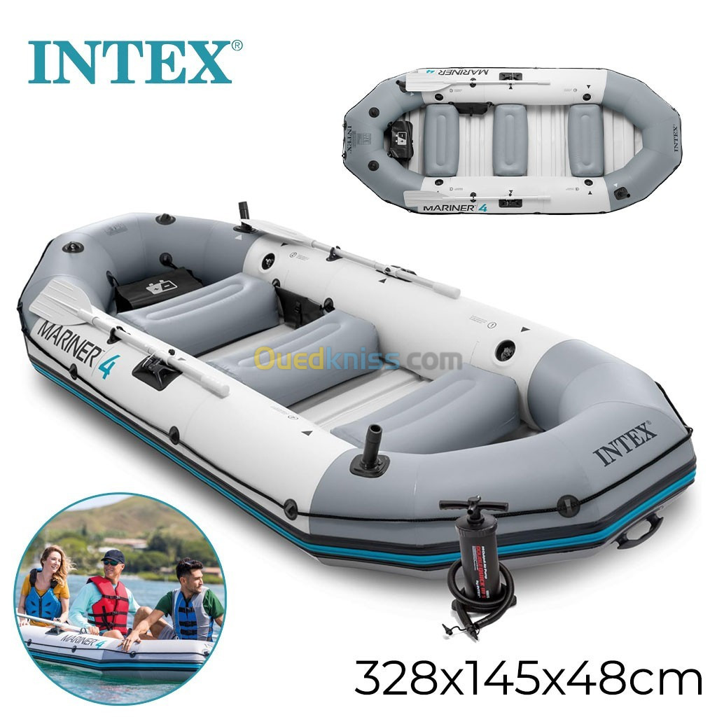  INTEX Mariner 4 Bateau gonflable avec des Rames de Luxe et Pompe à Haut Rendement Supports de canne