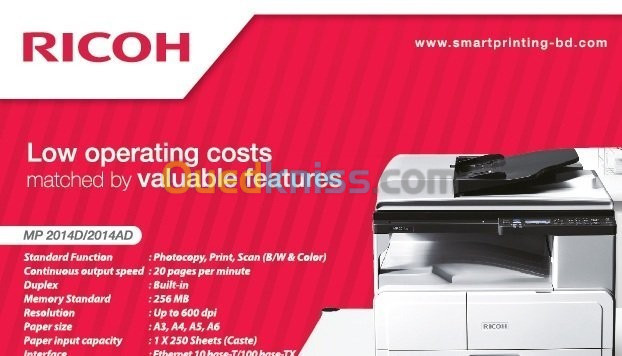 Photocopieur Multifonction Laser A3/A4 Ricoh MP2014AD Avec Chargeur de document ADF