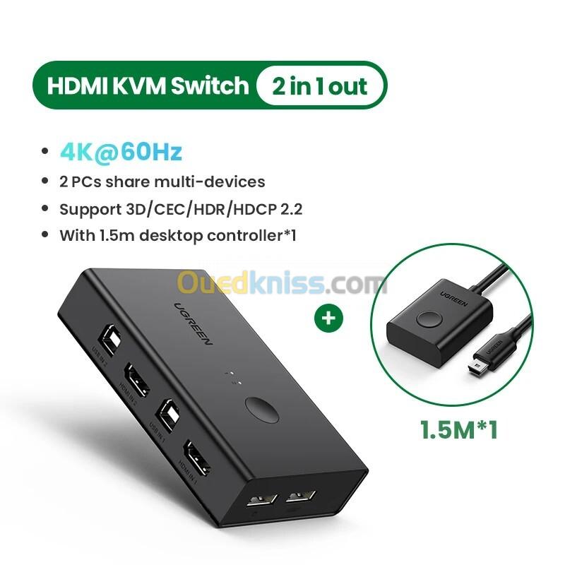 Commutateur KVM UGREEN 4K : 2 PC, 1 Écran, USB, 4K 60Hz