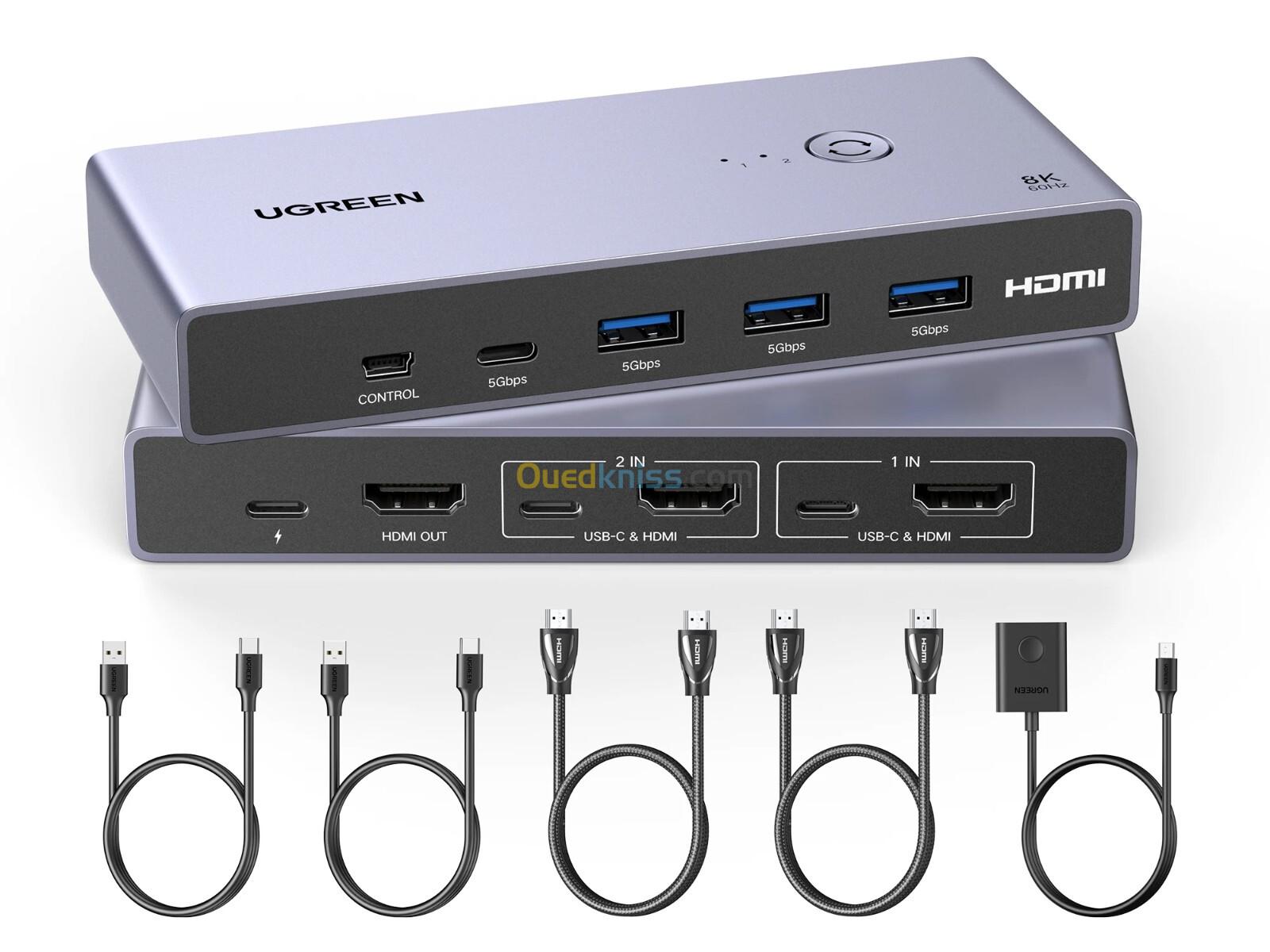 Commutateur KVM UGREEN 8K : 2 PC, 1 Écran, USB-C, 4K 60Hz, HDR