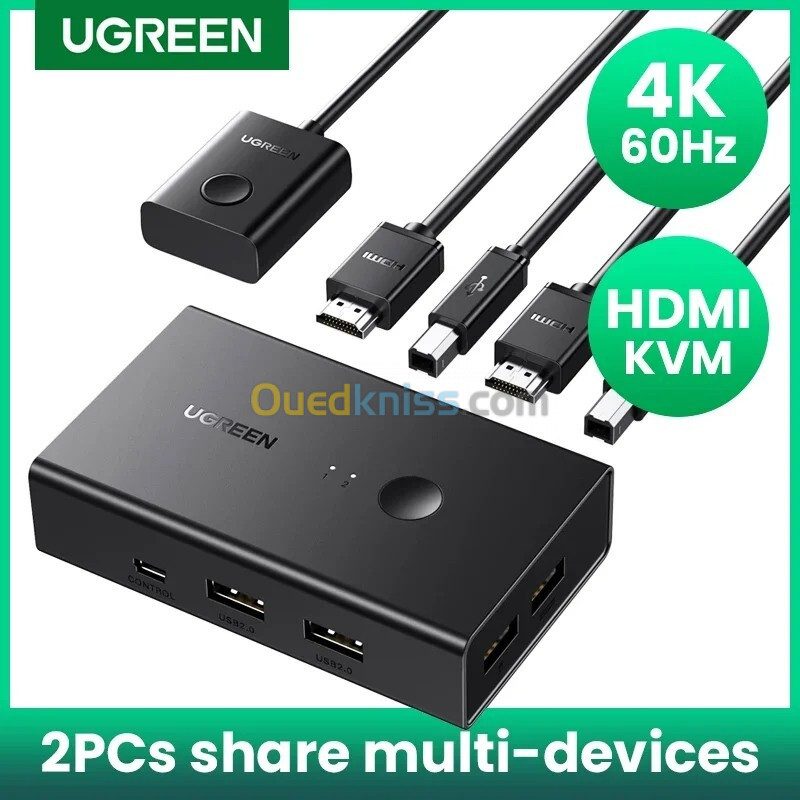 Commutateur KVM UGREEN 4K : 2 PC, 1 Écran, USB, 4K 60Hz