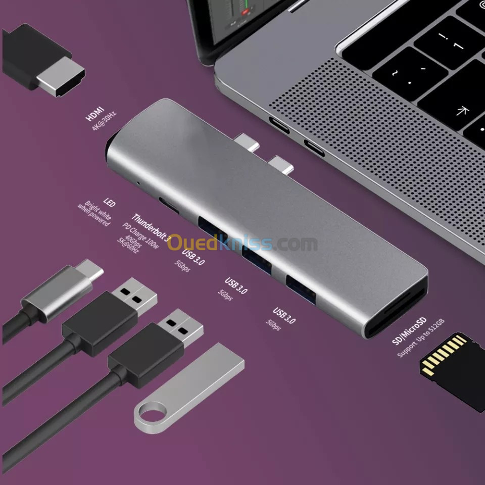 Adaptateur 7 en 1 hub Type-C TO HDMI 4k Thunderbolt 3,USB 3.0 SD pour MacBook Pro/Air 2018-2020