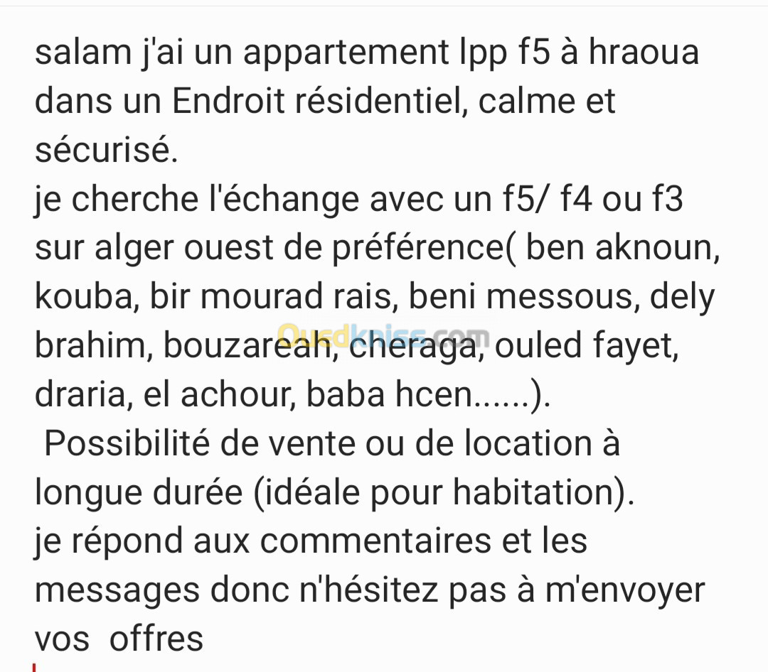 Echange Appartement F5 Alger Hraoua