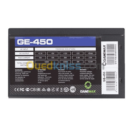 GAMEMAX  ALIMENTATION GE-450-450W/AC,FULL RANGE (110-220v) Pin plus longues 