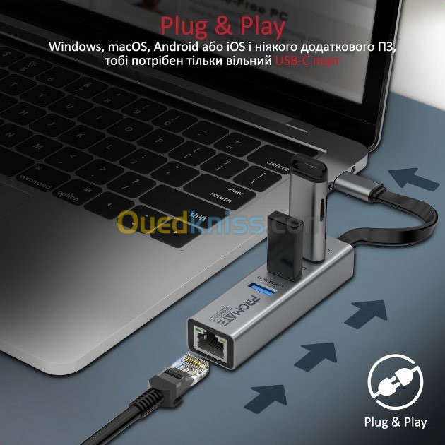 Adaptateur hub USB-C 4-en-1 Promate GigaHub-C 3xUSB 3.0/RJ45