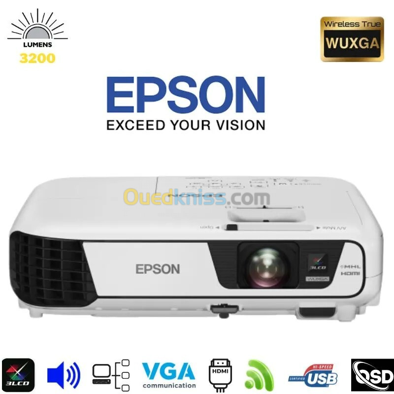   epson eb-u32 .wifi intégré.Résolution  WUXGA, 1920 x 1200 Full HD 3200 lumens.