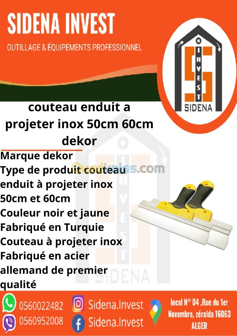 Couteau Enduit A Projeter Inox 50 Cm 60 cm M/Fibre Ref 349 350** DEKOR