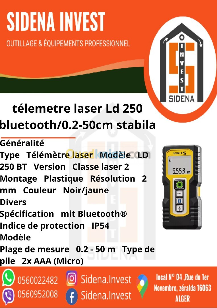 Télémètre laser STABILA LD 250 BT, avec Bluetooth Smart 4.0 - 18817 