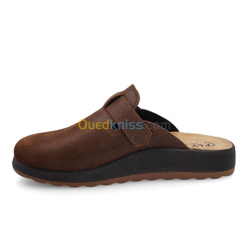 FLY FLOT Leather Man Slipper Dark-Brown