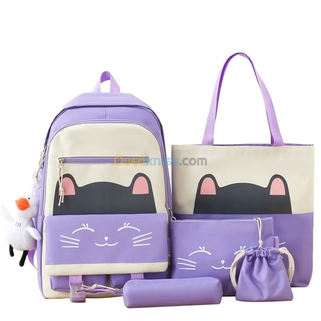 Sac À Dos Scolaire Cute Cat 5pcs en Tissu pour Adolescents Et Filles