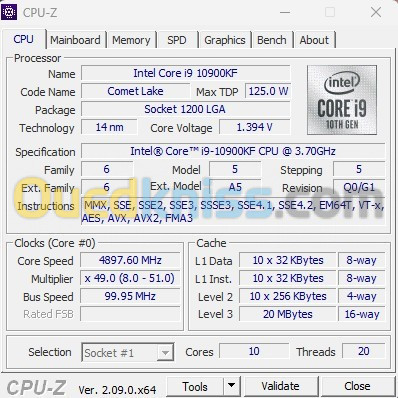 Intel Core I9-10900KF 3.70Ghz up to 5.10Ghz 20 Cores