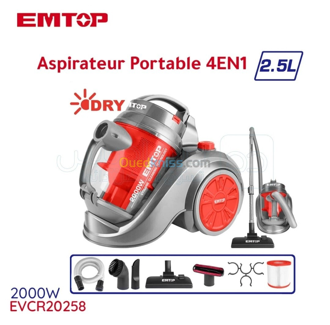 Aspirateur portable professionnel 2.5L 2000W EMTOP EVCR20258