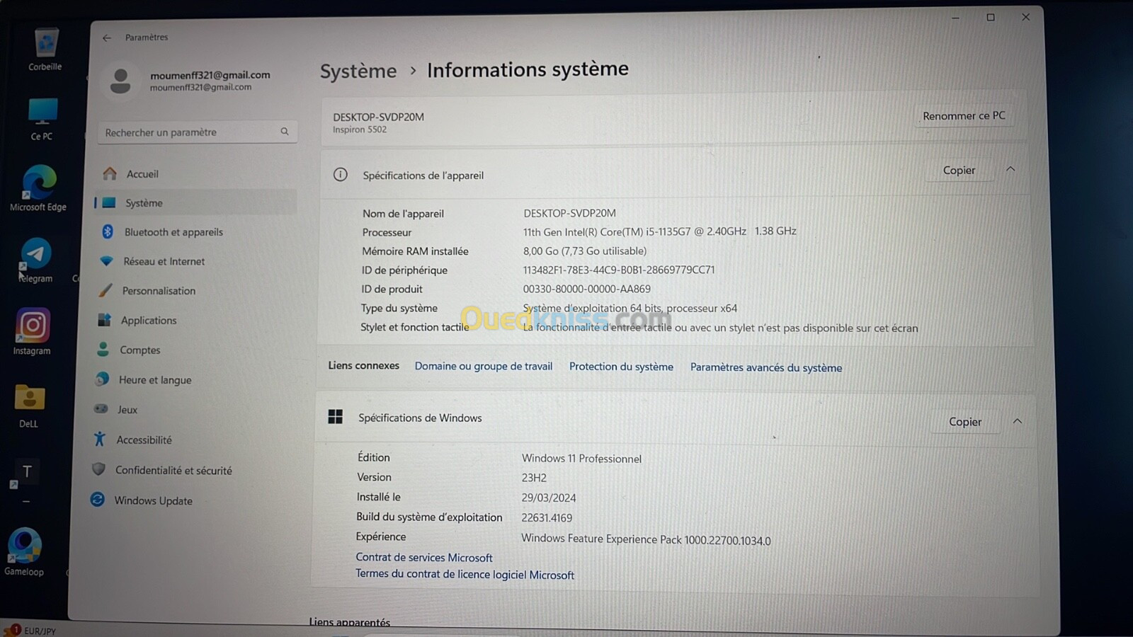 DELL INSPIRON 15-11TH 15.6" 08RAM 512SSD INTEL IRIS XE BATTERIE +3HEURES ÉTAT 9.8/10