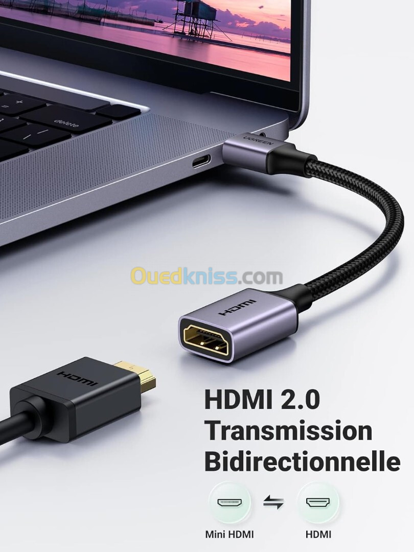 UGREEN Mini HDMI Mâle vers HDMI 2.0 Femelle 4K@60Hz 18Gpbs 3D Ethernet Arc / 25CM Full Compatible  