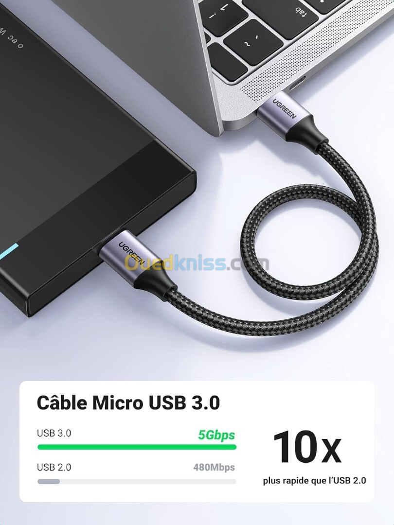 UGREEN Câble USB 3.0 Mâle A vers Micro B 5 Gbps pour Disque Dur Externe Nylon Tressé (1M) (2M)