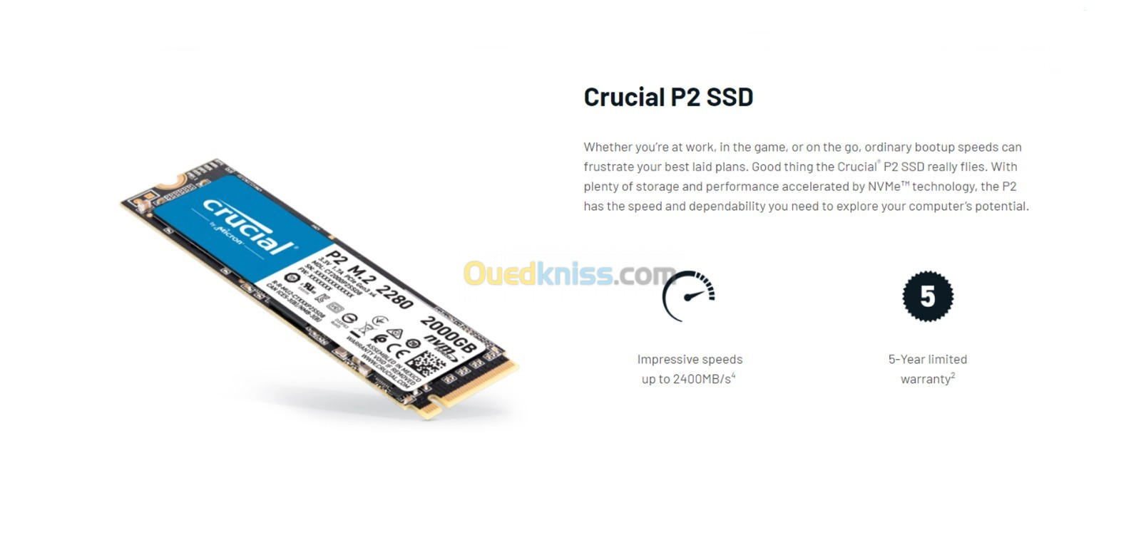 Crucial P2 M.2 PCIe NVMe 1 To SSD 1 To 3D NAND M.2 2280 NVMe