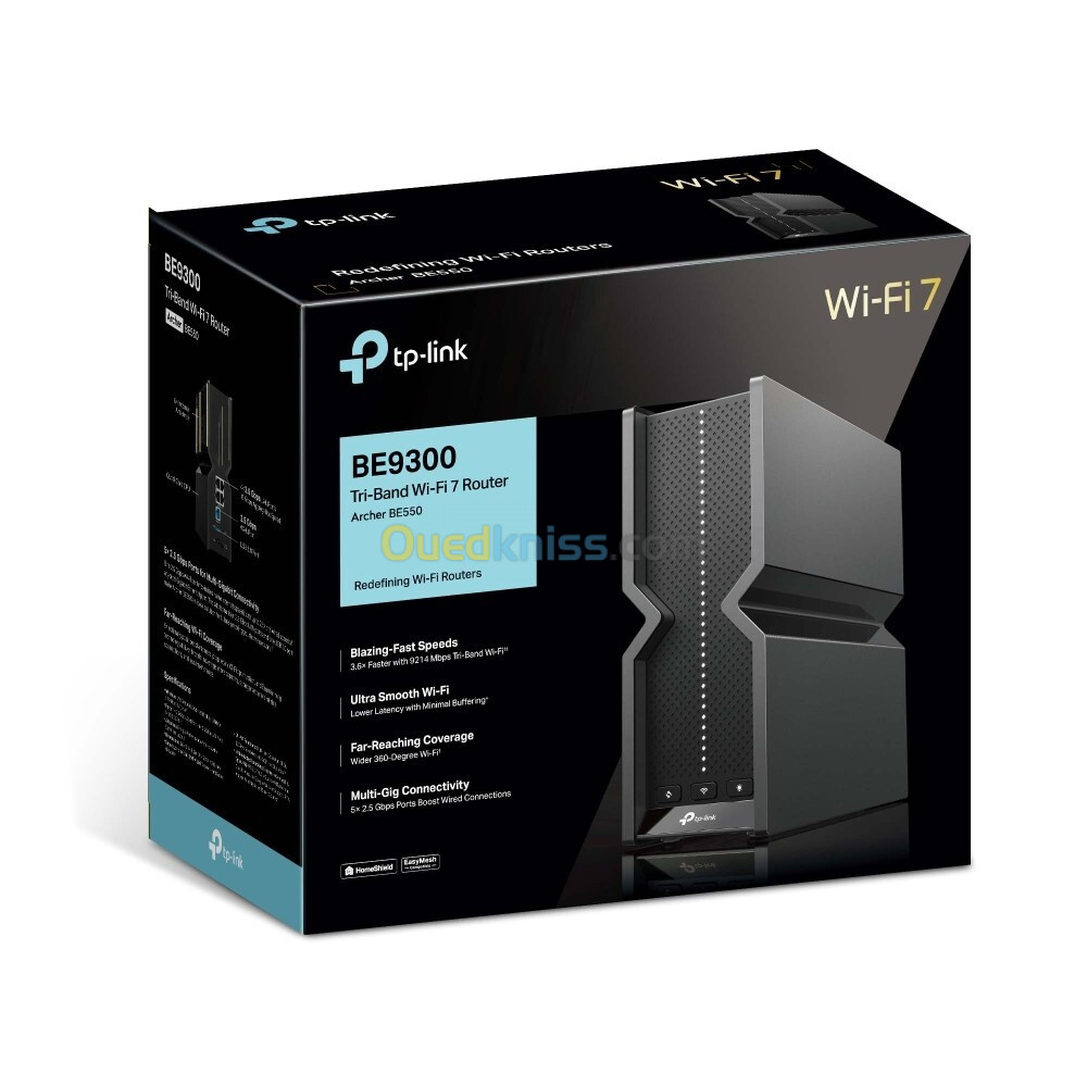  TP-Link Archer BE550 Routeur WiFi 7 BE9300Mbps Canaux 320 MHz, Bande 6GHz + 5 Ports 2.5G Mesh + VPN