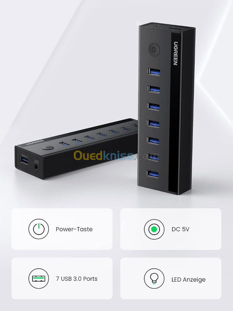 UGREEN Data Hub USB 3.0 à 7 Ports USB 5Gbps avec Bloc Alimentation 5V 2A 1M Câble full Compatible 