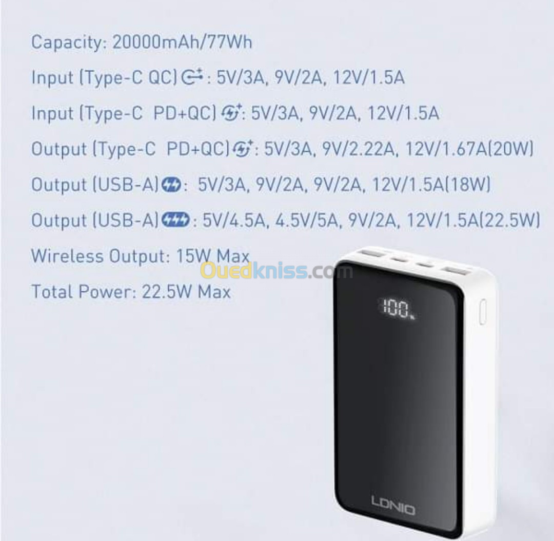 Ldnio Power bank Magsaf 20000mah Sans Fil 22.5w Chargement Rapide Original