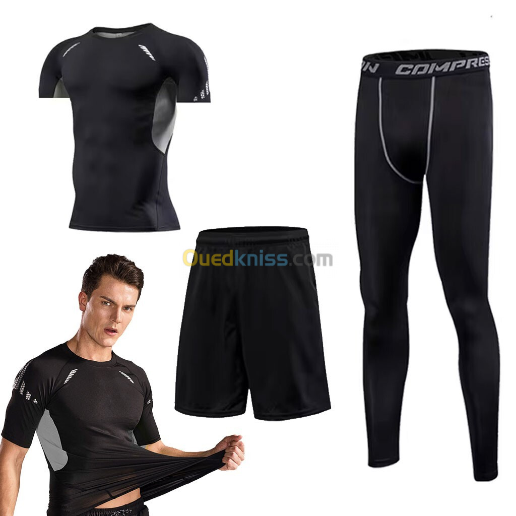  Ensemble de Compression pour Hommes de Sport 3 pièces Top et jambières