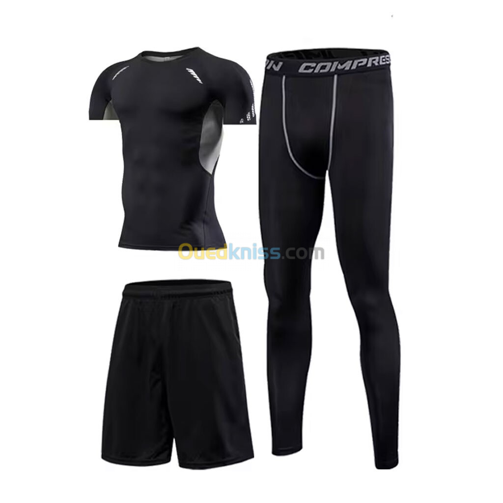  Ensemble de Compression pour Hommes de Sport 3 pièces Top et jambières